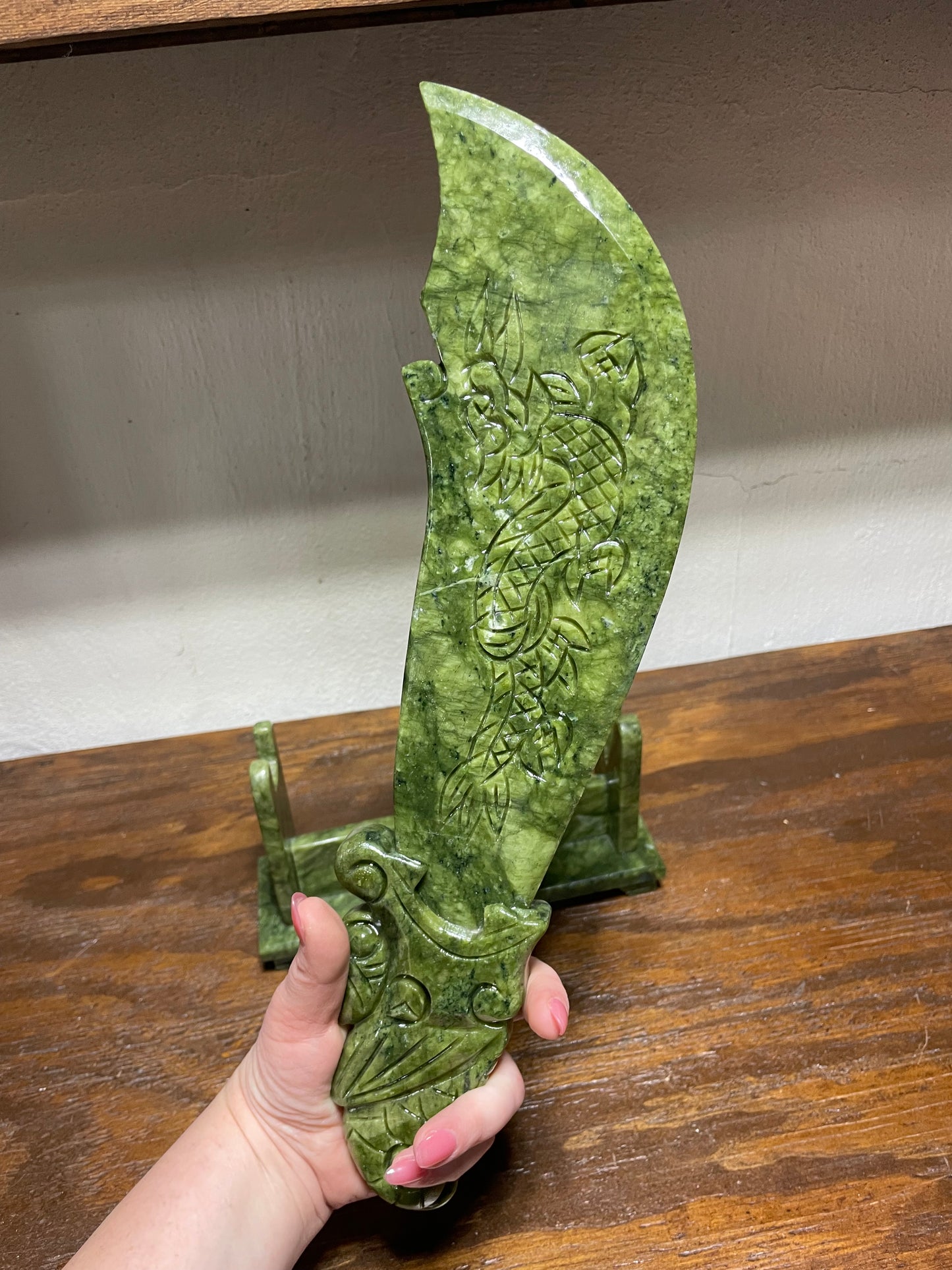 Large Serpentine Jade Sword on stand. Handmade and carved. 14 in.