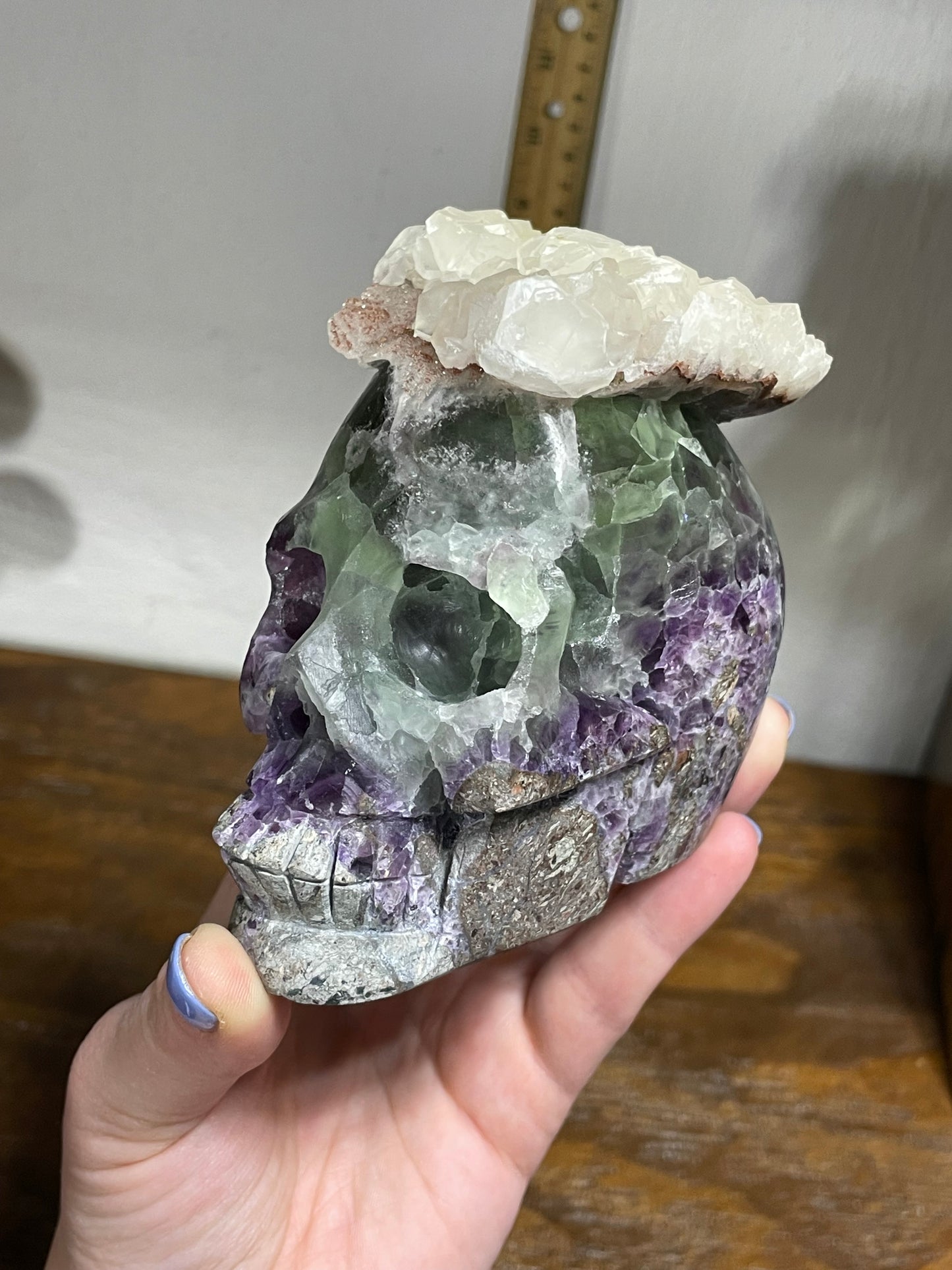 Rare UV Reactive Calcite & Rainbow Fluorite Skull