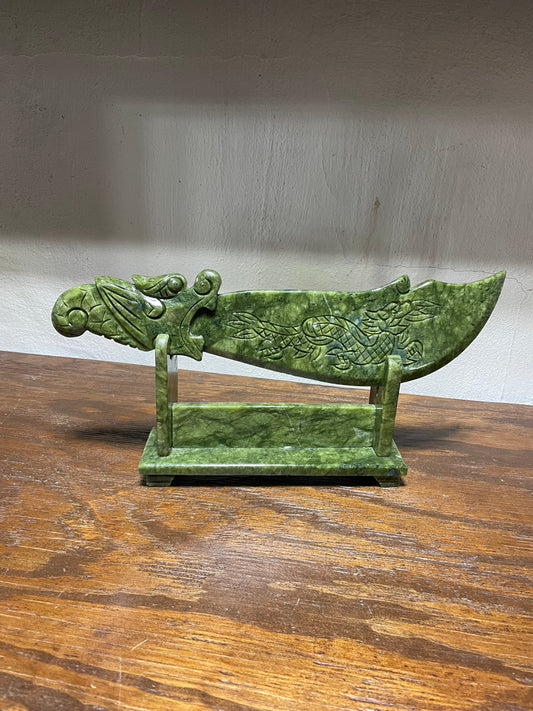Large Serpentine Jade Sword on stand. Handmade and carved. 14 in.